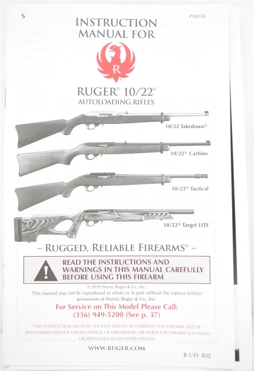 Factory Issued Ruger Instruction Manual - 10/22 - B - 1/19 - R32