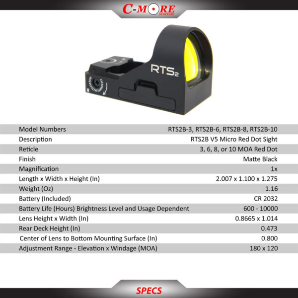 C-More RTS2B-V5 Mini Red Dot Sight 8 moa WITH PICATINNY BASE